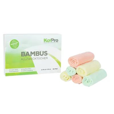Produktbild von Ko&Pro Hygienische 100% Bambus Tücher | 6x Allzwecktücher 25x25 cm | Reinigungstücher für Küche Bad Haushalt & Fenster | Inklusive 2 DIY-Rezepteflyer