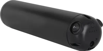 A black cylindrical e-bike battery pack is shown against a white background.
