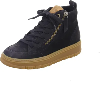 A black high-top sneaker with a brown sole and laces, set against a white background.
