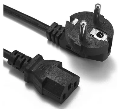 A close-up shot of a black power cord with two different types of plugs.