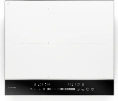 A top-down view of a white induction cooktop with a black control panel.