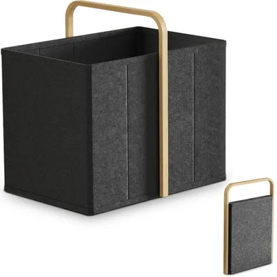 Image de Panier à linge pliable, 65 litres, en tissu de bambou noir, avec poignées