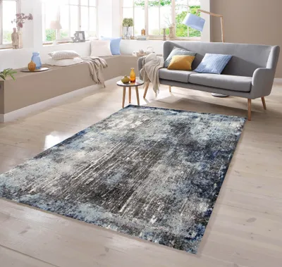 Image de Tapis design bleu, gris et crème - Dimensions : 80 x 150 cm