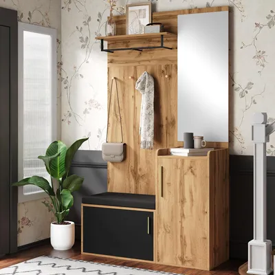 Produktbild von MODFU Kompaktgarderobe Flurschrank mit Haken und Sitzbank,Flurgarderobe mit Spiegel und offene Regale,Flurmöbel mit Kleiderhaken,Holzoptik