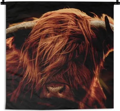 Produktbild von MuchoWow® Wandteppich Wandbehang Schottischer Highlander - Kuh - Hörner - Porträt - Tiere 120x120 cm Tapisserie Dekoration Wandtuch - Modern - Baumwollgewebe