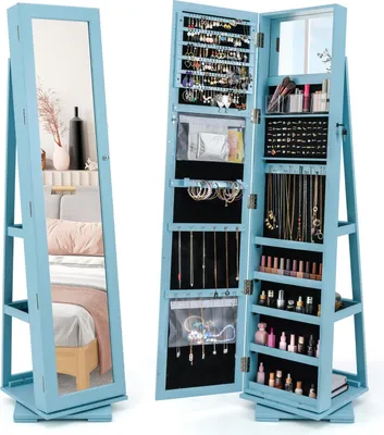 Produktbild von GOPLUS 3 in 1 Schmuckschrank mit spiegel, Spiegelschrank stehend, 360°drehbar, abschließbar, Schmuck Organizer mit Stauraum & Ablagefächern (Blau)