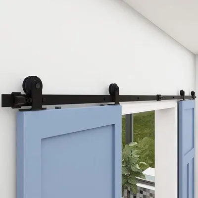 Produktbild von Schlittenverschluss-Hardware-Box - Stahlkugellager-Set - Doppelglastüren-Hängesystem - 4,14-Meter-Schienen-Aufhängung - schwarz