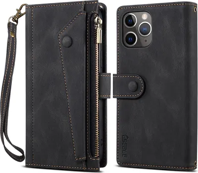 Produktbild von Schutzhülle für iPhone 11 Pro Reißverschluss Hülle, Leder Klapphülle Kartenfach Standfunktion Brieftasche mit Trageband Schwarz