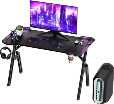 Produktbild von TRMLBE Gaming Tisch 120cm Gamingtisch inkl. Kopfhörerständer Wasserbecherhalter Schreibtisch Kohlefaserplatte Gamer Computertisch Ergonomischer PC Tisch mit Kabelloch & LED