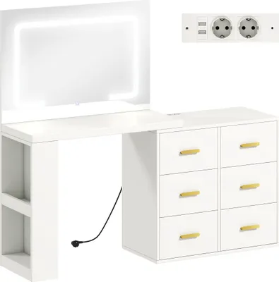 Produktbild von Schminktisch mit verstellbarem LED-Spiegel, Steckdosen, 6 Schubladen, 2 offene Regale, Weiß