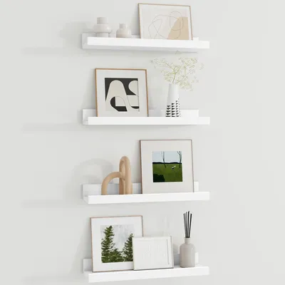 Image de Étagère murale blanche de 40 cm de large pour cadres photo et livres, lot de 4, étagère suspendue en MDF, idéale pour la cuisine, le salon, la chambre à coucher et le bureau