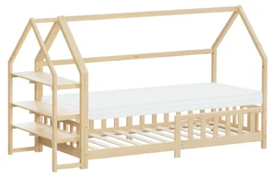Produktbild von ML-Design Kinderbett 90x200cm mit Matratze H:10 Regal Rausfallschutz Dach & Lattenrost Montessori Bodenbett Kiefernholz Hausbett für Mädchen & Jungen