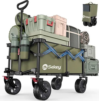 Produktbild von Sekey Bollerwagen Faltbar mit Erweiterbarer Heckklappe – 135L & 200L Hunde Transportwagen, Olivgrün