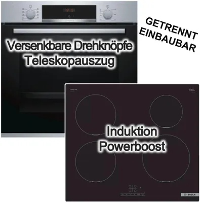 Produktbild von Herdset BOSCH Backofen EcoClean Auszug + Induktionskochfeld Booster autark 60cm