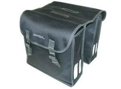 A black double pannier bag for a bicycle, shown from a diagonal front-left view against a white background.