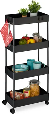 Obrázok produktu pre Vozík Relaxdays, 4 police, V x Š x H: 93 x 40 x 22 cm, 4 kolieska, do kúpeľne, do kuchyne, úzky pomocný vozík, čierny