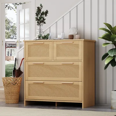 Zdjęcie produktu dla Komoda Merax z rattanowym dekorem, kredens z 3 klapami, drzwiczkami i szufladą, szafka na buty z wywrotką, 90x125x17cm, natura
