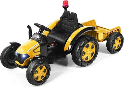 Immagine prodotto di Trattore elettrico COSTWAY 12V per bambini con rimorchio staccabile e telecomando 2.4G, trattore cavalcabile 3-8 km/h con luci di segnalazione, clacson, musica, porta bevande, adatto a bambini da 3 anni (giallo)