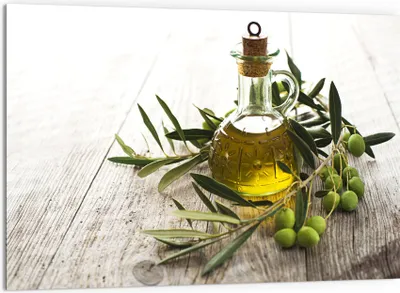 Produktbild von DEQORI Küchenrückwand Glas 60x40 cm 'Olivenöl mit Olivenzweig' Spritzschutz Bad Rückwand
