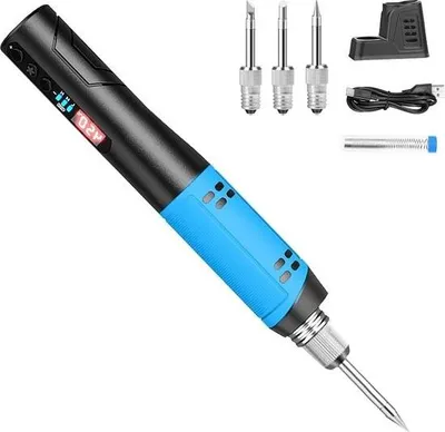 Produktbild von Kabelloser Lötkolben mit 1500-mAh-Akku und Temperaturanzeige, max. 450 °C, 8 W Schnellaufheizleistung, tragbares, kabelloses Set für Anfänger und Profis (3 Lötspitzen, blau)