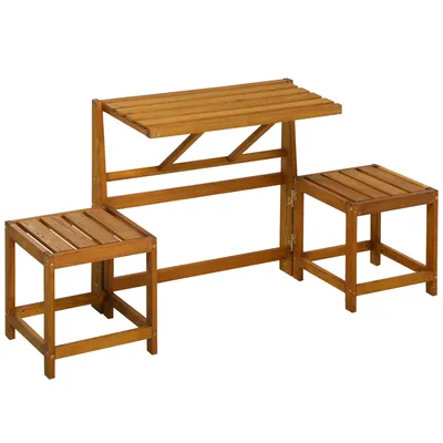 Produktbild von Outsunny Gartenbank, 2-in-1 Parkbank, Gartenmöbel-Set, Gartentisch, Holzbank für 2 Personen, bis 260 kg Belastbar, für Balkon, Terrasse, Massivholz, Teak, 158 x 48 x 80 cm