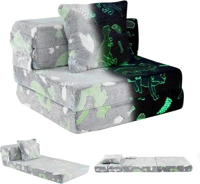 Imagen del producto de Sofá infantil 3 en 1 que brilla en la oscuridad, sillón infantil plegable con cojín y funda desmontable, sofá infantil acolchado con función de cama, sofá de juegos transformable para habitaciones infantiles (gris)