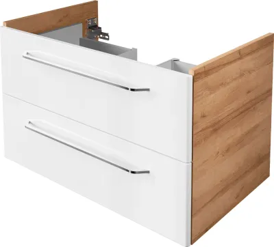 Produktbild von FACKELMANN Waschtischunterschrank MILANO / Badschrank mit Soft-Close-System / Maße (B x H x T): ca. 80 x 49,5 x 48 cm / Waschbeckenunterschrank mit 2 Schubladen / Korpus: Braun hell / Front: Weiß