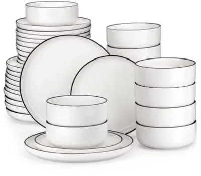 Produktbild von Servierset – für 12 Personen – 36-teilig – Weiß mit schwarzem Rand – Keramik – Essteller – Frühstücksteller