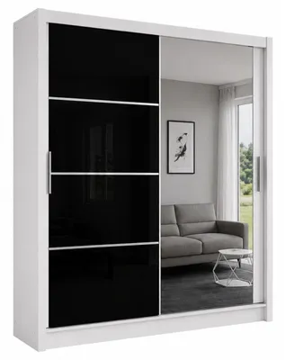Produktbild von Schwebetürenschrank BRANDON 150 cm mit Spiegel, Kleiderschrank mit Schiebetüren, Schlafzimmerschrank, großer Stauraum (Weiss + Schwarz)