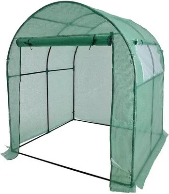 A green arched greenhouse made of fabric and metal poles, shown from the front with the entrance open.