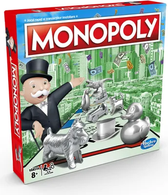 A Monopoly board game box with game pieces and the Monopoly man character.