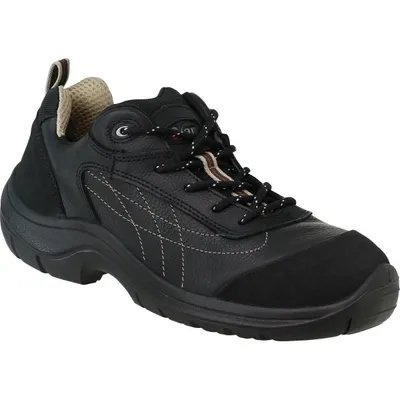 A black work shoe is shown against a white background.