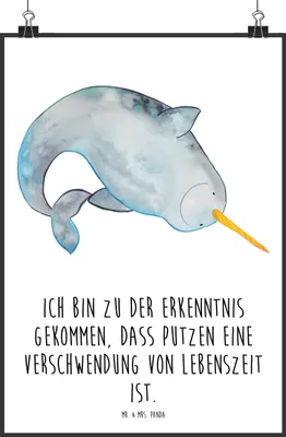 Produktbild von Mr. & Mrs. Panda Bild Narwal DIN A0 - Weiß - Geschenk, Wandbild, wanddeko, Kinderzimmer, Kunstdruck, Meer, Hausfrau, Plakat, Wal, drucke, Aufräumen, Putzen