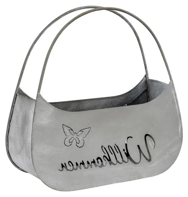 Produktbild von Blumentopf Tasche Willkommen L25cm Grau Metall Pflanztopf Garten-Deko Blumen Gartendeko Kräutertopf