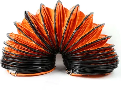 A flexible orange ventilation hose with black wire reinforcement, coiled in a semi-circular shape against a white background.
