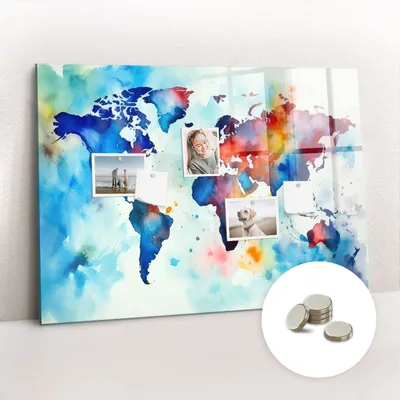 Obrázok produktu pre Magnetická tabuľa na stenu - Memo Tabuľa Sklenená - vrátane 5 magnetov - 100x70 cm - Maľovaná mapa