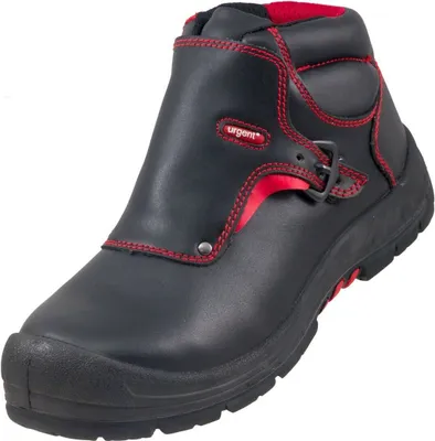 A black and red work boot with a protective flap.