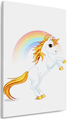 Produktbild von Wallario Premium Leinwandbild Weißes Einhorn vor einem Regenbogen in Größe 60 x 90 cm