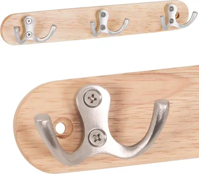 Immagine prodotto di Appendiabiti in legno con 3 ganci in acciaio inox 27 cm - Appendiabiti da parete da avvitare