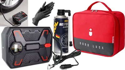 A collection of car emergency kit items, including a tire inflator, gloves, tire repair spray, and a first aid bag, arranged on a white background.