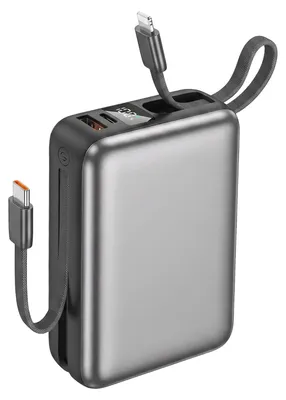 Produktbild von Akashi, PowerBank 20000mAh 22.5W USB-C / USB-A mit USB-C / Lightning Kabel Trageschlaufe, Grau