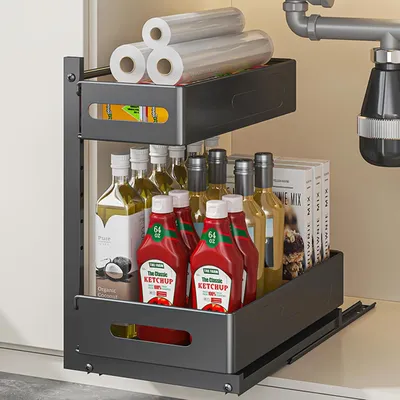 Immagine prodotto di Organizzatore per cucina, 2 ripiani, nero, estraibile, ideale per essere posizionato sotto il lavello