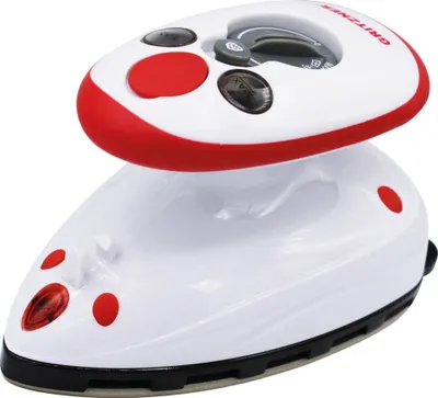 A white and red mini iron is shown against a white background.