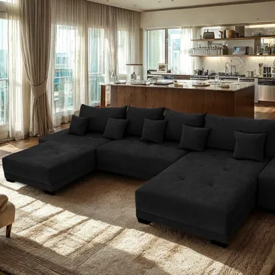 Produktbild von Demi U Large XXL - 382 x 187 x 95 cm - Ecksofa - Schlaffunktion, Stauraum für Bettzeug, Stoff Rosario Schwarz