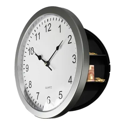 A wall clock with its compartment open, revealing stored items.