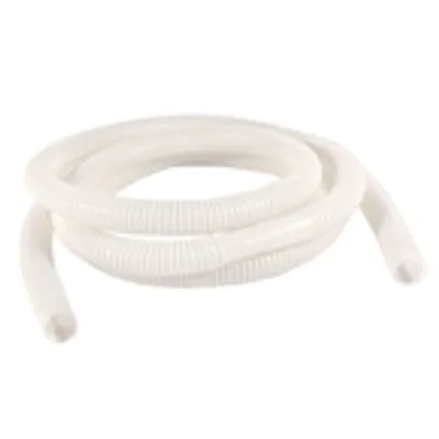 A coiled white flexible drain hose on a white background.
