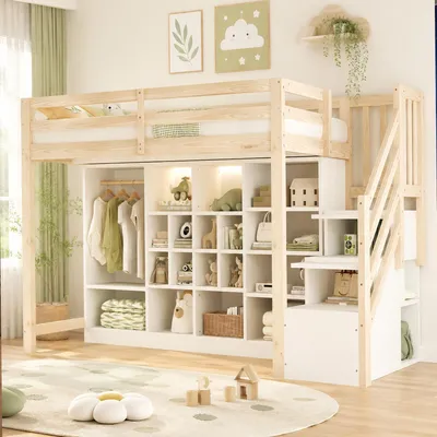 Produktbild von MODFU Hochbett 90x200 Einzelbett mit Stauraumregale und integrierter Kleiderschrank Jugendbett mit LED-Beleuchtung,mit Matratze,Natur+Weiß