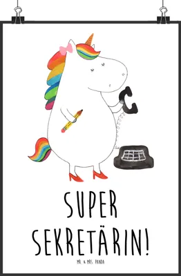Produktbild von Mr. & Mrs. Panda Bild Einhorn Sekretärin DIN A1 - Weiß - Geschenk, Unicorn, Einhörner, Steuerkanzlei, wanddeko, Büro, Wandbild, typografie poster, drucke, kunstdruck