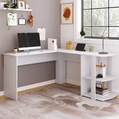 Immagine prodotto di Scrivania angolare Sweiko 140 CM scrivania per computer, scrivania angolare a L con 2 ripiani, H75/B140/L140 CM Bianco