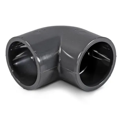 A single dark gray PVC elbow pipe fitting is shown against a white background.